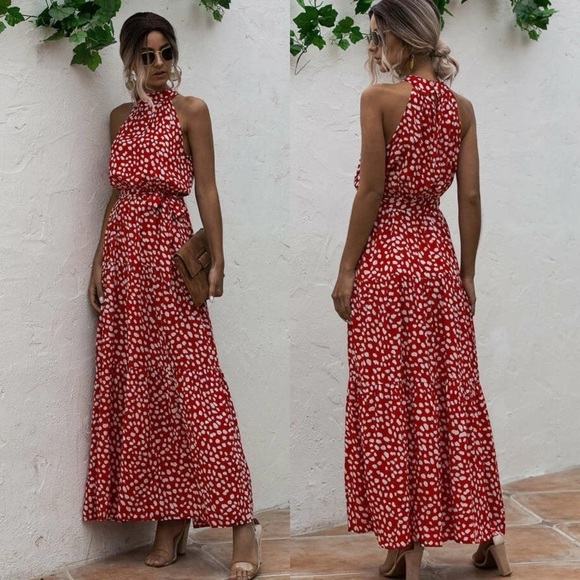 Belted boho ruffle halter maxi dress dot leopard print red - Picture 1 of 6